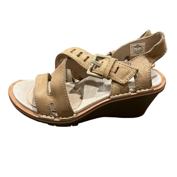 Merrell Prairie Wedge Brown Leather Sandals Select Fresh Size 5 Tan - Picture 8 of 9